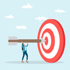Business objective and strategy vector concept. Businesswoman throwing dart at target. Symbol of business goals, aims, mission, opportunity and challenge.