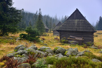 szałasy pasterskie na polanie pod Kopieńcem Wielkim w Tatrach - obrazy, fototapety, plakaty
