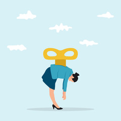 Exhaustion businesswoman in prostration with wind-up key in her back. Overwork and professional burnout metaphor, emotional stress concept.