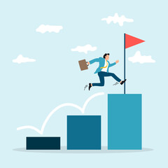 Smart businessman jumping on the column of columns to the target's achievement. Aspiration and motivation to achieve bigger business target, advancement in career or business growth concept.