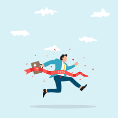 Joyful smart businessman worker running reaching goal at the finishing line as first winner. Business winner reaching goal, success celebration, career path or glory to finish working project concept.