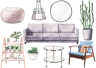 Set of the isolated modern living room furniture with mid century armchair, round mirror, shelving with home plants.