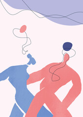 Two people dancing together. Hand drawn illustration in line art and boho style with pastel colors. For print, poster and art product.