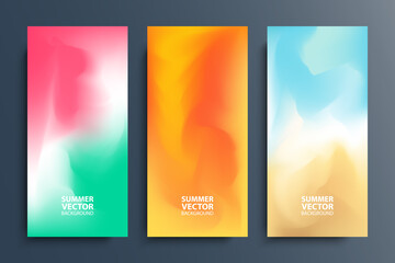 Summer blurred backgrounds set with modern abstract blurred color gradient patterns. Summertime smooth vibrant templates collection for posters, banners and flyers. Vector illustration.