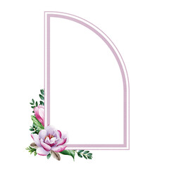 Fototapeta na wymiar Frame with magnolia flower. Tender pink magnolia flowers and lush leaves. Watercolor illustration. Realistic decoration. Elegant frame from spring blossoms and green leaf. On white background
