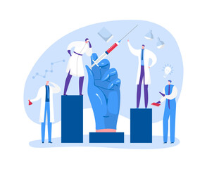 Medicine, science research about vaccine vector illustration. Man woman character work against virus at laboratory concept. Scientist develop vaccine