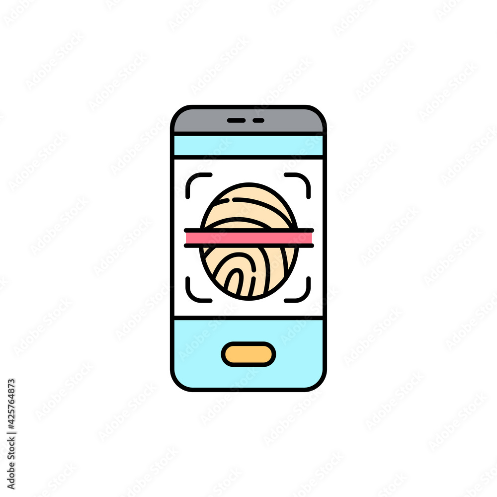 Poster fingerprint scan in smartphone olor line icon. id and verifying person. pictogram for web page, mobi