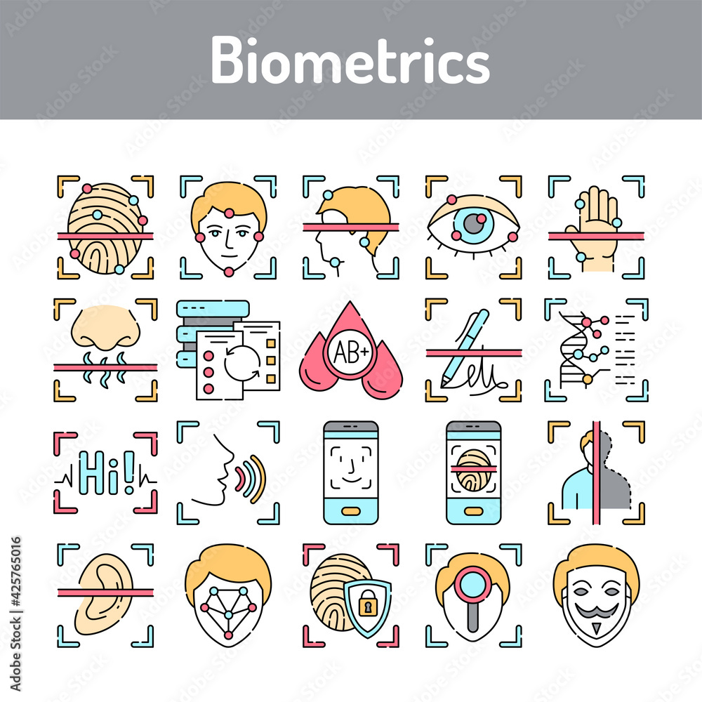 Poster biometrics color line icons set. signs for web page, mobile app, button