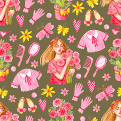 Cute watercolor pattern with girl, flowers, girly items and clothes. Pink girly print.