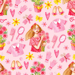 Cute watercolor pattern with girl, flowers, girly items and clothes. Pink girly print.