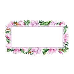 Spring frame magnolia flower . Tender pink magnolia flowers and leaves. Watercolor illustration. Realistic minimal decoration. Elegant frame of spring blossoms and green leaf. On white background