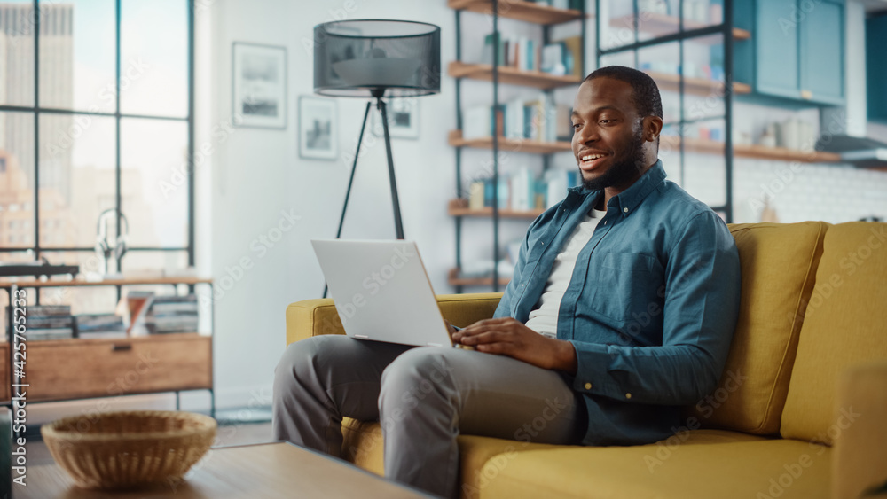 Poster handsome black african american man working on laptop computer while sitting on a sofa in cozy livin