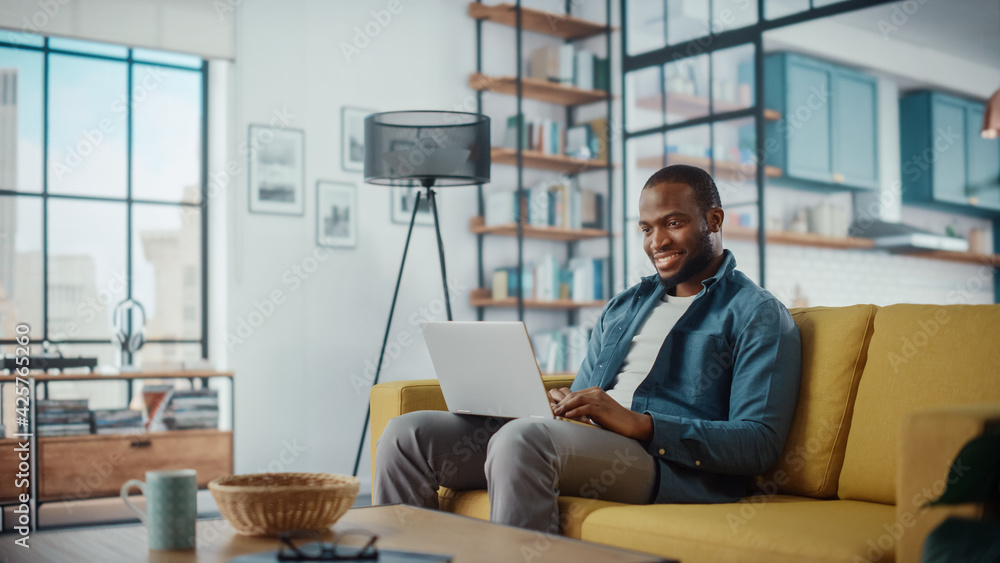 Poster handsome black african american man working on laptop computer while sitting on a sofa in cozy livin