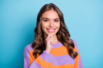 Fototapeta premium Photo of attractive smart young woman hold hands chin plan creative isolated on pastel blue color background