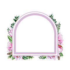 Magnolia flower frame. Tender pink magnolia flowers and buxus leaves. Watercolor illustration. Realistic minimal decoration. Elegant frame of spring blossoms and green leaf. On white background