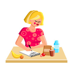 Fototapeta na wymiar Shopping List Writing Girl On Kitchen Table Vector. Young Woman Making Shopping List For Buying Products In Grocery Shop, Ingredients For Cooking. Character Flat Cartoon Illustration