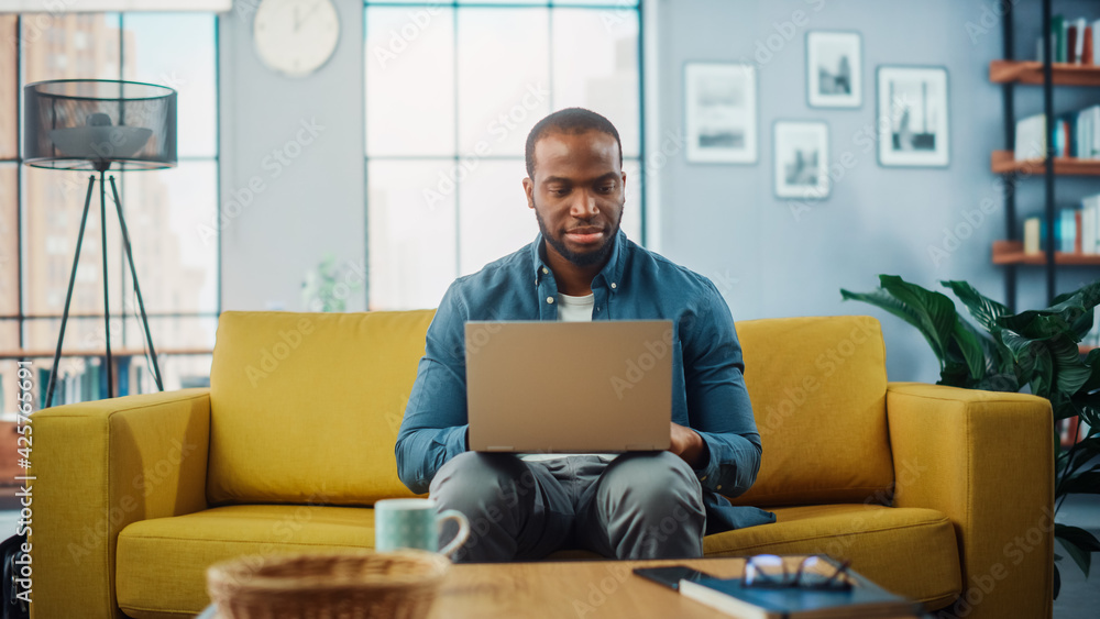 Poster handsome black african american man working on laptop computer while sitting on a sofa in cozy livin