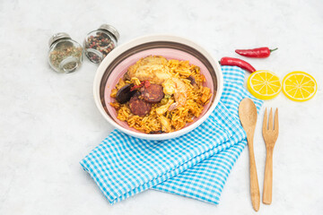 Prawn with rice - close up of prawn with rice - traditional Spanish food paella