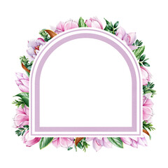 Magnolia flower frame. Tender pink magnolia flowers and leaves. Watercolor illustration. Realistic minimal decoration. Elegant frame of spring blossoms and green leaf. On white background