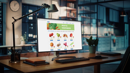 Shot of a Desktop Computer with Food App User Interface Developing Software Standing on the Wooden...