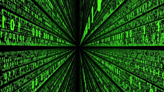 Camera is moving in the middle of green digital bits composed by binary code 0 and 1 that flow away in parallel strips to the infinite.