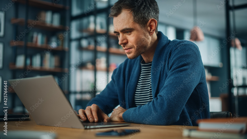 Leinwandbilder handsome caucasian man working on laptop computer while sitting behind desk in cozy living room. fre