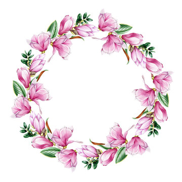 Magnolia flower wreath. Watercolor illustration. Tender pink magnolia flowers and buxus leaves. Round decoration. Elegant wreath of spring blossoms and green leaf. On white background