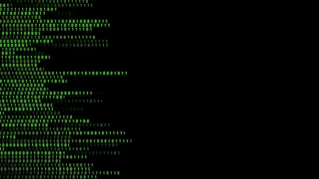 Strips of a green colour composed of bits from the binary code 0 and 1 form a dynamic data flow that enters from the left side of the screen and exit from the right side with different velocity.