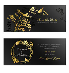 Fototapeta na wymiar Horizontal wedding invitation design or greeting card templates with golden silhouette of flowering branches and birds on black background.