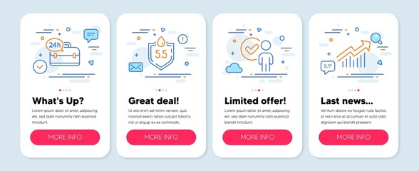 Set of Business icons, such as Ph neutral, Verification person, 24h service symbols. Mobile app mockup banners. Demand curve line icons. Water, Approved client, Support. Statistical report. Vector