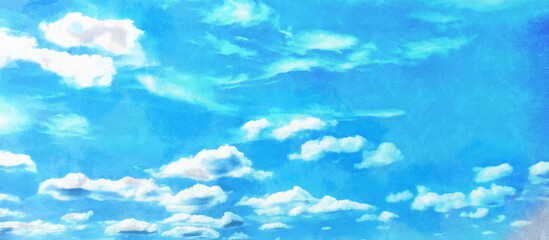 Fototapeta na wymiar Wide panoramic view of the blue sky. Many white clouds. Artistic works on the theme of nature