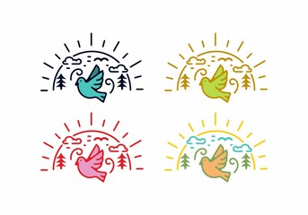 Colorful vintage line art bird in nature