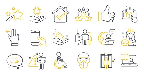 Set of People icons, such as Augmented reality, Yummy smile, Sun protection symbols. Disabled, Friends chat, Business meeting signs. Touchscreen gesture, Elevator, Hold smartphone. Nurse. Vector