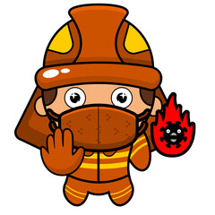 cartoon illustration of the mascot character of a firefighter wearing a mask and burning virus
