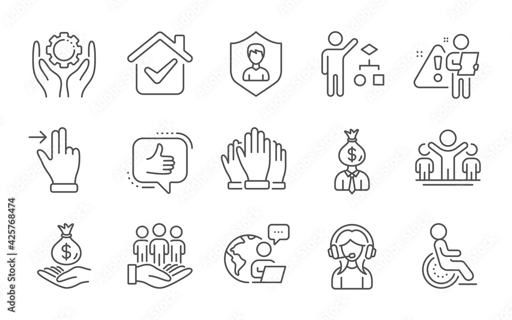 Poster vote, touchscreen gesture and like line icons set. security agency, algorithm and disability signs. 