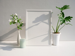 Mock up poster frame Philodendron selloum Gardenia flower  in modern white vase  and green candle  on white wood  table and cement wall background with long shadow