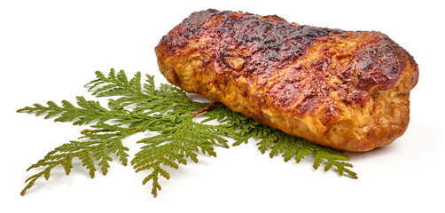 Roasted pork meat, baked spicy meat, isolated on white background
