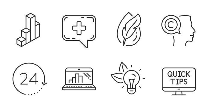 Graph laptop, Web tutorials and Eco energy line icons set. Hypoallergenic tested, 3d chart and Medical chat signs. 24 hours, Writer symbols. Mobile report, Quick tips, Lightbulb. Science set. Vector