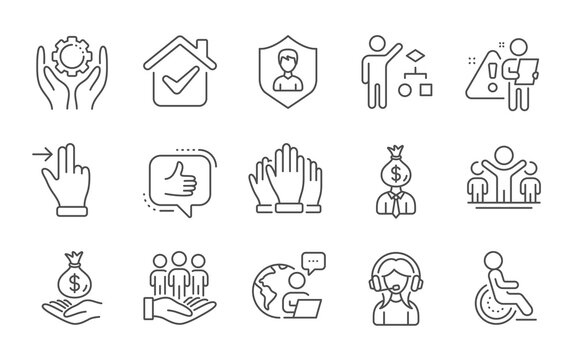 Vote, Touchscreen Gesture And Like Line Icons Set. Security Agency, Algorithm And Disability Signs. Employee Hand, Best Buyers And Winner Symbols. Support, Income Money And Manager. Vector