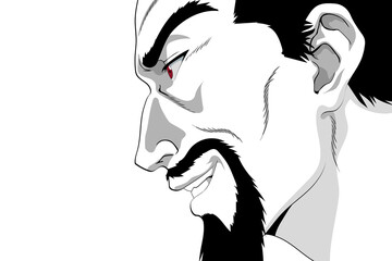 Anime face with red eyes on black and white background. Web banner for anime, manga, cartoon