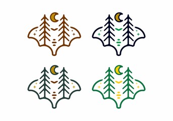 Colorful vintage illustration of pine trees and moon