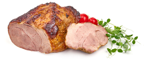 Baked pork roast, spicy glazed meat, isolated on white background