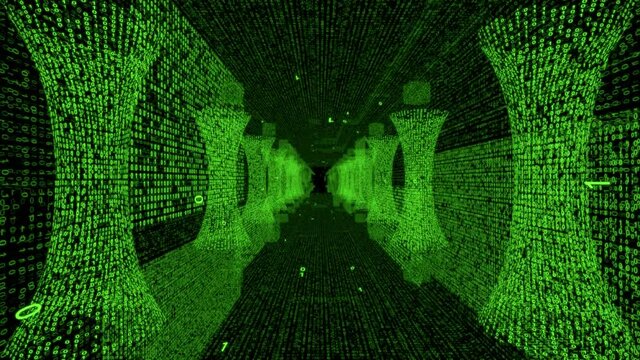 Camera is moving forward in the centre of a tunnel composed from green digital bits of binary code 0 and 1 that change constantly and form digital structures, with some bits that flow away.