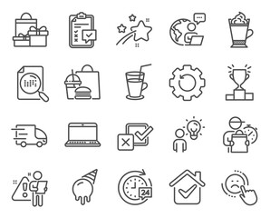 Business icons set. Included icon as Group people, Search file, Shopping signs. Checklist, Checkbox, Latte coffee symbols. Winner podium, Cocktail, Recovery gear. Truck delivery, Ice cream. Vector