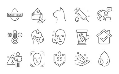 Sick man, Ph neutral and Leaf dew line icons set. Night cream, Face detection and Skin care signs. Hand sanitizer, Medical syringe and Thermometer symbols. Line icons set. Vector