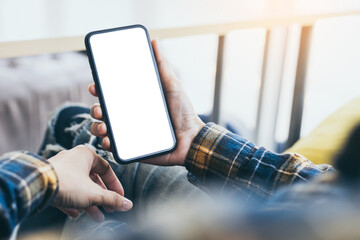 cell phone blank white screen mockup.woman hand holding texting using mobile on desk at office.background empty space for advertise.work people contact marketing business,technology