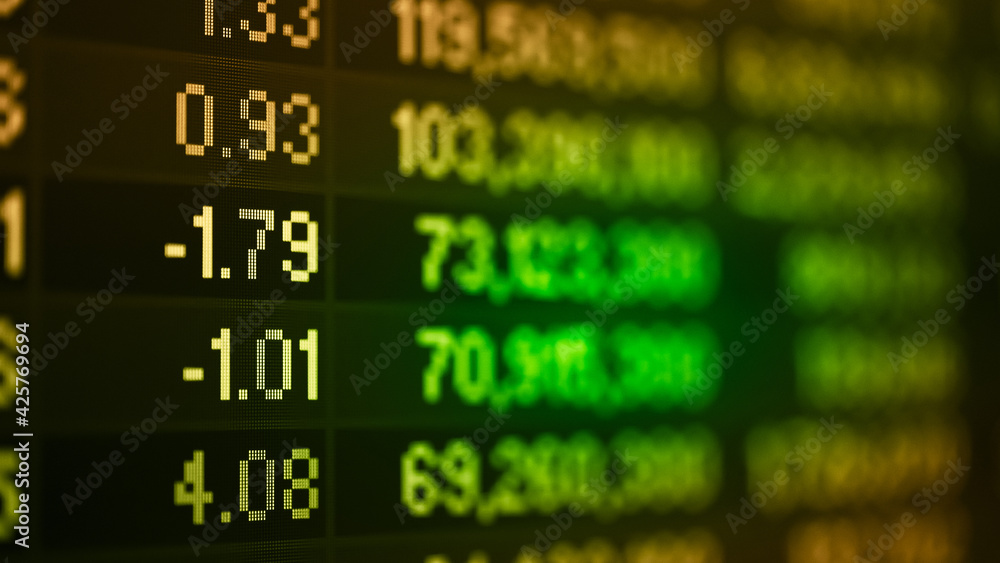 Poster financial data in term of a digital prices on led display. a number of daily market price and quotat