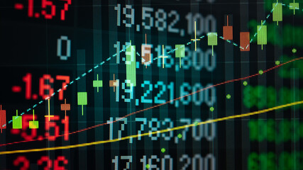 Financial data in term of a digital prices on LED display. A number of daily market price and quotation of prices chart to represent candle stick tracking in Forex trading.	