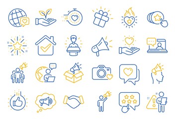 Fototapeta premium Brand ambassador line icons. Influence people, Megaphone and Representative. Handshake, influencer marketing person, social media like icons. Ambassador person. Brand pr. Line icon set. Vector