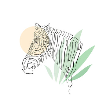 Single line zebra illustration with abstract shapes on white background. Contemporary poster design with linear vector zebra head